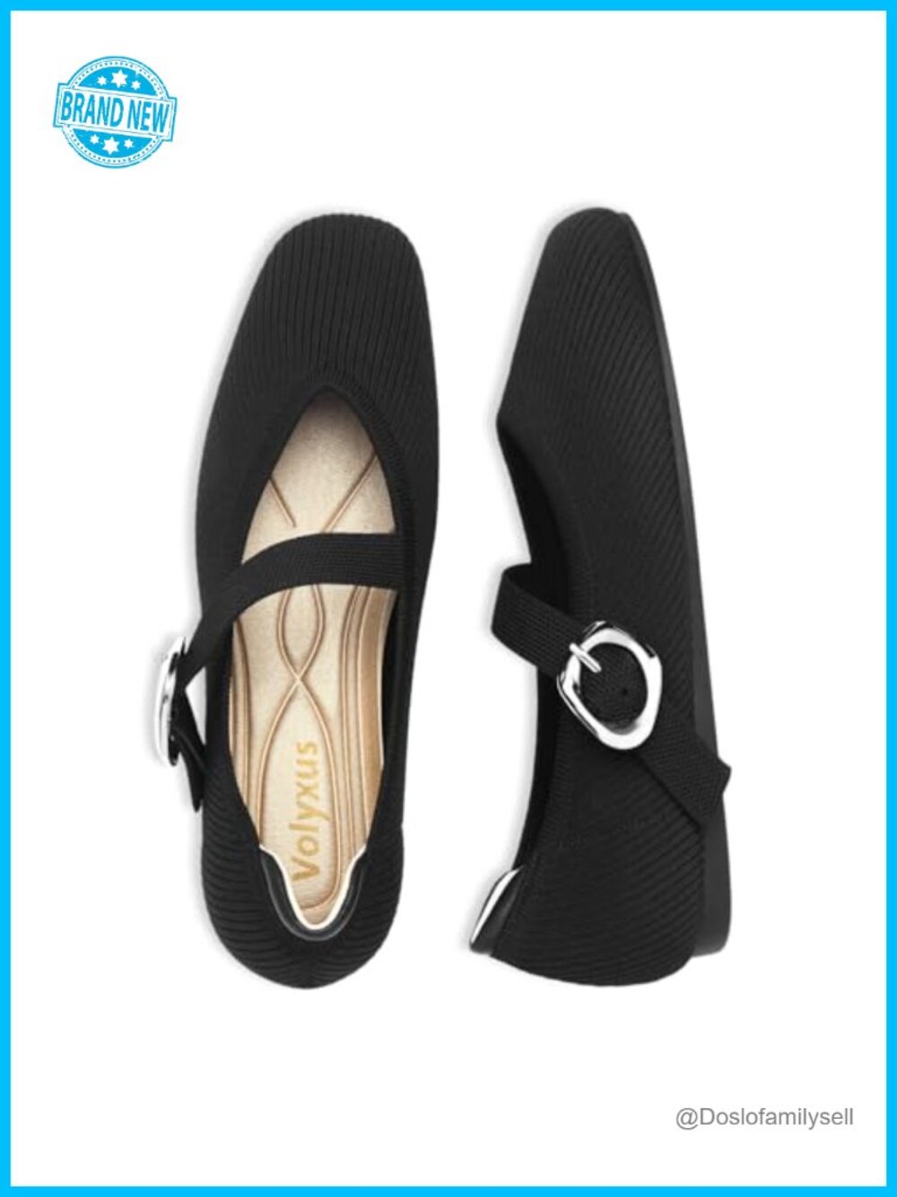 Mary Jane Flats Square Toe Knit Slip On with Strap Washable Comfortable